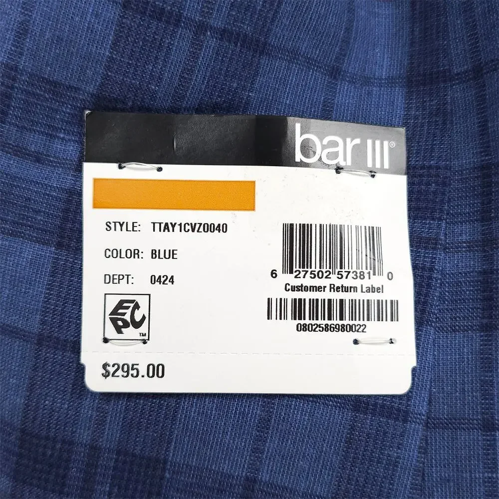 Bar III Mens Slim Fit Sport Coat Blazer 36R Blue Plaid Linen Cotton Blend NWT